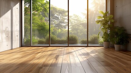 Bright interior with sunlight shining on elegant wooden flooring