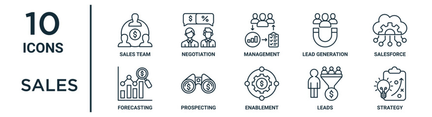 sales outline icon set such as thin line sales team, management, salesforce, prospecting, leads, strategy, forecasting icons for report, presentation, diagram, web design - obrazy, fototapety, plakaty