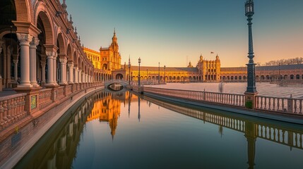 Naklejka premium AI generated illustration of Spain Square in Sevilla, at dawn