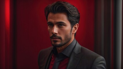 Fototapeta premium portrait of a rich man, lux, modern , red, black, successful man, hair style, model, fashion, groom