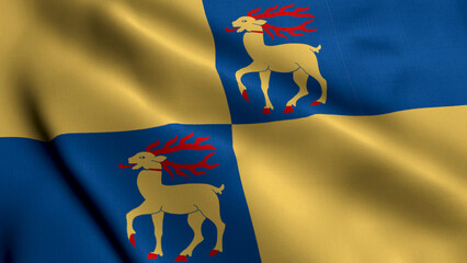 Flag of the Swedish Region Kalmar. Waving  Fabric Satin Texture Flag of Kalmar 3D illustration. Real Texture Flag of the Kalmar, Swedish Flags. © Uldis