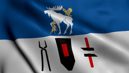 Flag of the Swedish Region Jamtland. Waving  Fabric Satin Texture Flag of Jamtland 3D illustration. Real Texture Flag of the Jamtland, Swedish Flags.
