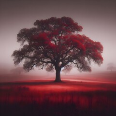 Mystical Red Tree in Fog