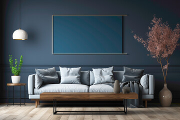 Visualize a serene space with a dark blue sofa and a suitable table, set against an empty blank frame, providing a perfect spot for personalized text.