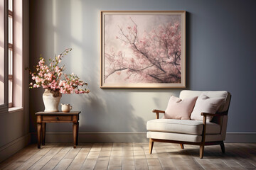 Picture a beautiful and cute chair in soft colors paired with a wooden table against the canvas of an empty blank frame. The composition is visually pleasing and creates a charming atmosphere.