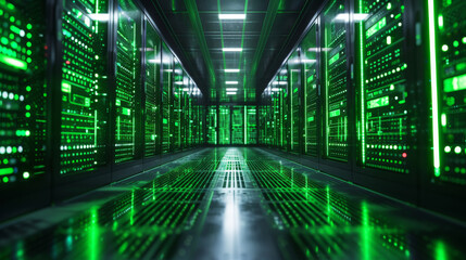 .Futuristic Server Room with Glowing Green Lights. High-tech server room with racks of data servers and glowing green LED lights, symbolizing modern data center technology.