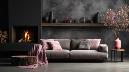 A chic modern living room with Scandinavian design, featuring a grey sofa adorned with a stylish pink pillow. 