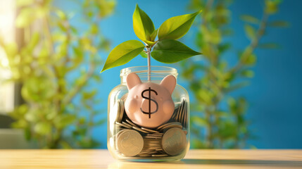 A piggy bank in a glass jar filled with coins and a growing plant symbolizing financial growth and investment on a natural green background.