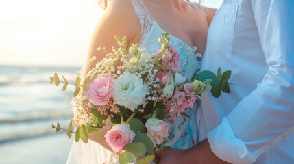 Close up of a photo of a bouquet of flowers carried by a couple embracing.