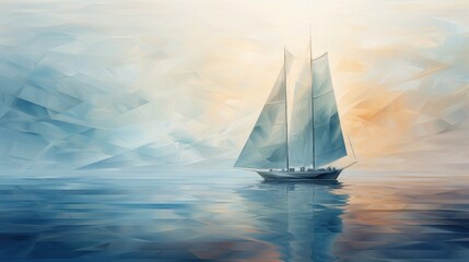 Abstract art on watercolor canvas: a sail in sea fog, capturing the essence of waves with muted colors and cubist strokes. - obrazy, fototapety, plakaty