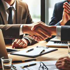 Business professionals collaborating in an office environment, engaging in handshakes, teamwork, and document review for successful corporate agreements