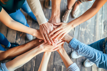 A top-down view of a group of friends stacking their hands together, symbolizing unity,