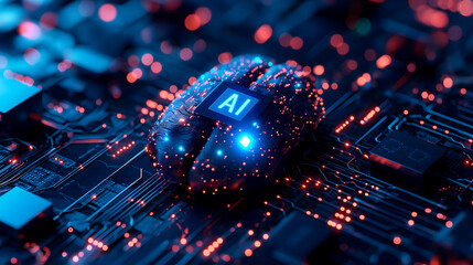 Concepto de la integración de inteligencia artificial en el mundo actual  a través de una imagen de un cerebro humano en lugar de un procesador en una placa de un ordenador.