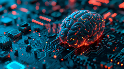 Concepto de la integración de inteligencia artificial en el mundo actual  a través de una imagen de un cerebro humano en lugar de un procesador en una placa de un ordenador. - obrazy, fototapety, plakaty