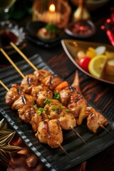 Chicken kebabs on skewers yakitoria. Traditional Japanese dish cooked over open coals.