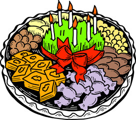 Spring Persian celebration of Nowruz with traditional green weeds, sweets, fruits table decoration. Hand drawn retro vintage colorful vector illustration. Old school style drawing.