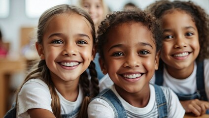 Group of cheerful children with big smiles in a classroom setting, showcasing diversity and friendship with a focus on three happy faces in the foreground. - obrazy, fototapety, plakaty
