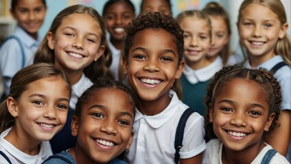 Joyful children in school uniforms with big smiles, grouped in a classroom, embodying diversity and the cheerful spirit of young friendships.