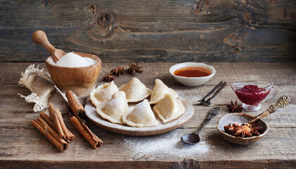Delicious homemade pierogi. Polish traditional food. Piegories, dumplings, fresh dumplings