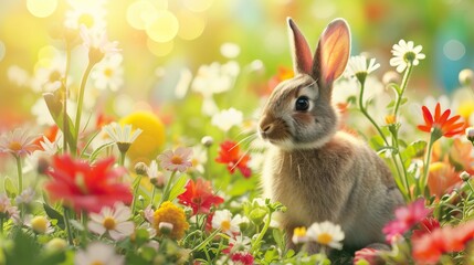 Easter atmosphere with a banner featuring vibrant spring blooms and an adorable bunny. This imagery imparts a sense of renewal and joy, inviting viewers into the festive spirit.