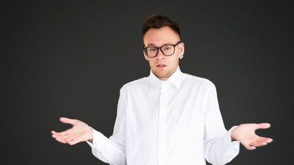 Uncertain shrug. No idea. Doubt ignorance. Clueless overwhelmed careless smart guy raising...