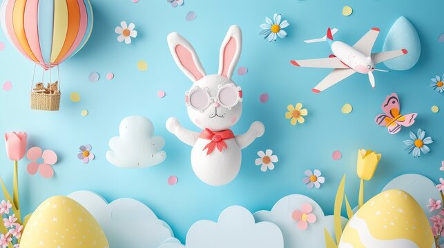 Creative banner that combines Easter elements with adventure. Picture Easter eggs in hot air balloons, bunny aviators, or other imaginative scenes to convey a sense of exploration and celebration.