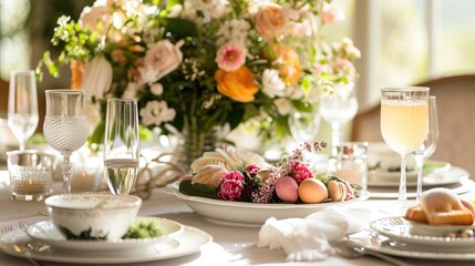 Fototapeta na wymiar Easter dining experience with an elegant brunch banner. Highlight a beautifully set table with exquisite decorations, showcasing the sophistication of your special Easter meal.