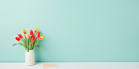 Assorted tulips in white vase on table against pastel blue wall with ample copy space