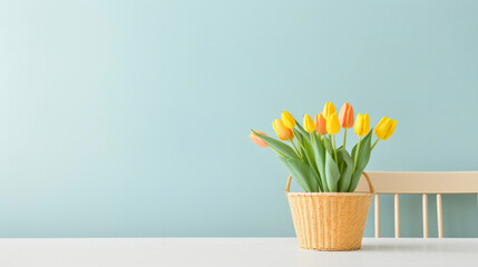 Bright yellow tulips in a woven basket on a white table against pastel background - obrazy, fototapety, plakaty