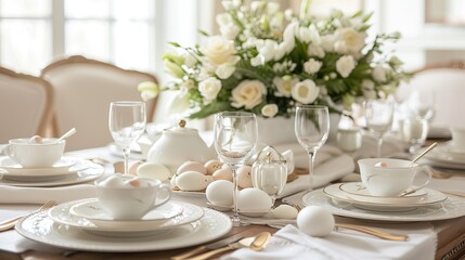 Fototapeta na wymiar Easter dining experience with an elegant brunch banner. Highlight a beautifully set table with exquisite decorations, showcasing the sophistication of your special Easter meal.