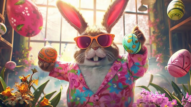 A rabbit wearing a pink suit and sunglasses poses for the camera.