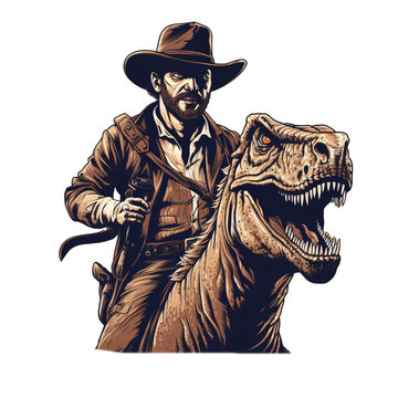 a man in cowboy hat riding a dinosaur