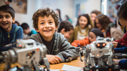Children in a robotics class in the classroom - obrazy, fototapety, plakaty