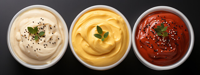 Bowls of ketchup mayonnaise and mustard isolated on white background, top view - obrazy, fototapety, plakaty