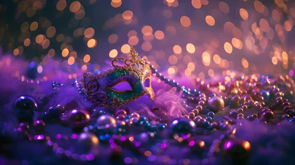 Gardinen Cinematic photo of Mardi Gras carnival mask and beads on purple background with lots of glitter, beads, and bright. High-resolution © fillmana