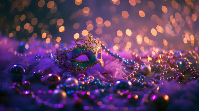 Cinematic photo of Mardi Gras carnival mask and beads on purple background with lots of glitter, beads, and bright. High-resolution