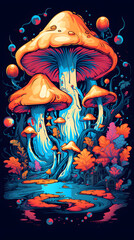 Illustrated  cartoon mushroom, wild growing mushroom, mushroom illustration