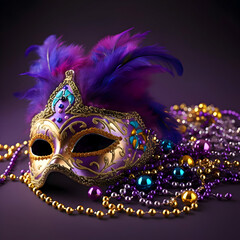 Cinematic photo of Mardi Gras carnival mask with feathers and beads on purple with lots of glitter, beads, and bright. High-resolution