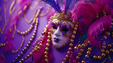 Mardi Gras carnival mask with feathers and beads on purple with lots of glitter, beads, and bright. High-resolution