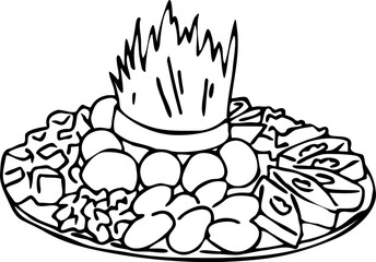 Spring Persian celebration of Nowruz with traditional green weeds, sweets, fruits table decoration. Hand drawn retro vintage colorful vector illustration. Old school style drawing.