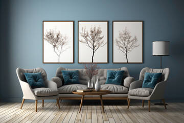 Step into a serene setting with dark blue and grey chairs, creating a minimalist arrangement against a blank wall. 