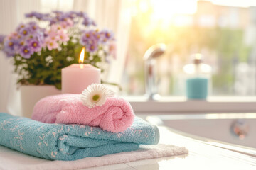 Fototapeta na wymiar Bathroom with soft pastel towels and candles. Generative AI
