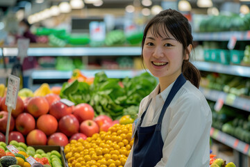A cheerful supermarket employee wearing a blue apron stands proudly in the produce section filled with fresh fruits and vegetables.