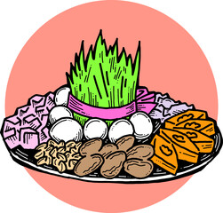 Spring Persian celebration of Nowruz with traditional green weeds, sweets, fruits table decoration. Hand drawn retro vintage colorful vector illustration. Old school style drawing.