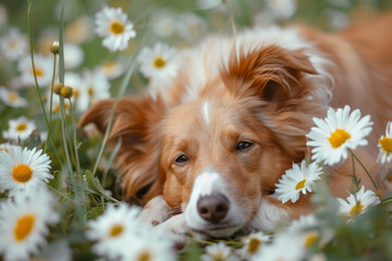 Dog lying in a spring sunny garden among the flowers. Generative AI