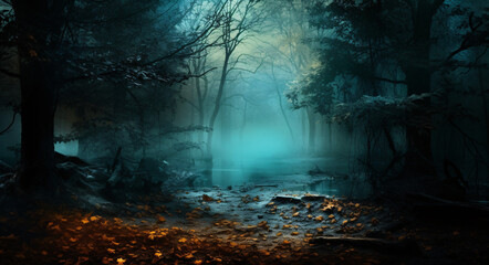 
A forest filled with foliage and sunlight, in the style of mysterious and fairy-tale scenes, blue and amber.