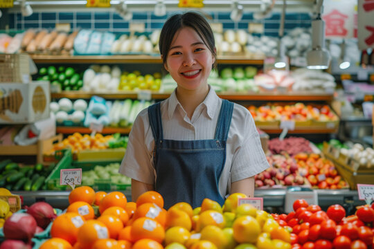 A friendly grocery store clerk, dressed in a white shirt and blue apron, smiles warmly in front of a colorful display of fresh produce.