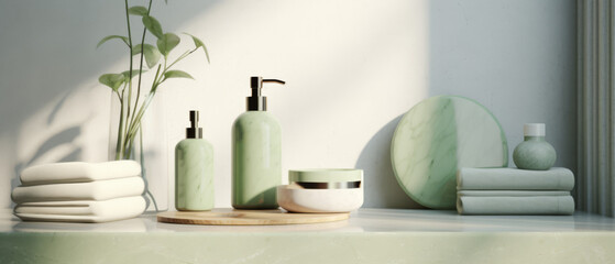 Obraz na płótnie Canvas Green Bathroom Accessories on Marble Counter with Plant Accents