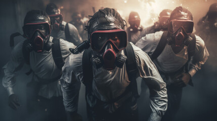 Group in Gas Masks and Hooded Robes Standing in a Dimly Lit Industrial Setting - obrazy, fototapety, plakaty
