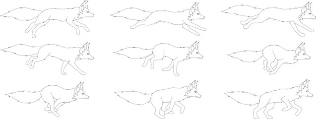 Set of frames for animating a running fox line art style isolated on white background. Illustration brings the charm of nature to life through the artful depiction of the movement